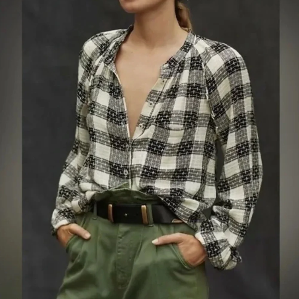 Anthropologie Pilcro Breezy Black Plaid Button Down Top Viscose Wool Size Medium